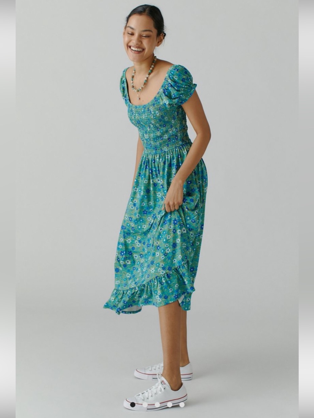 Urban Outfitters Women’s Green and Blue Tessie Space-Dye Floral Midi Dress